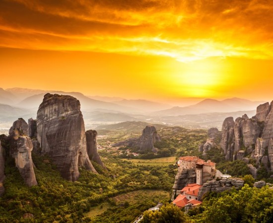 Meteora Roussanou Monastery at sunset, Greece