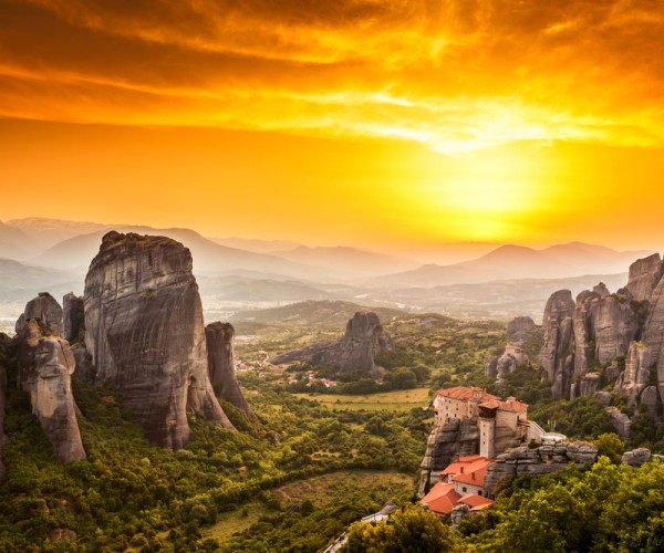 Meteora Roussanou Monastery at sunset, Greece